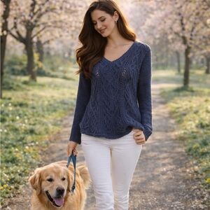 Free People Navy Cable Knit V-Neck Sweater